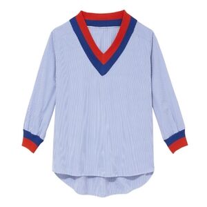 KULE Striped Tennis Blue Orange V Neck Top, L